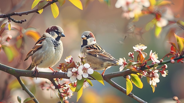 sparrow birds perched amidst blooming flowers on a tree branch set against the backdrop of a picturesque spring garden showcasing the harmony between nature and wildlife