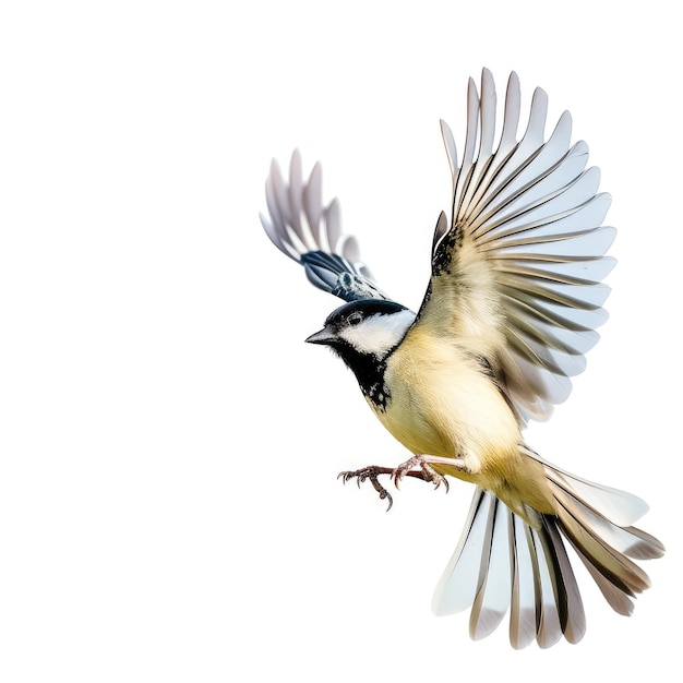 Sparrow in flight with white background