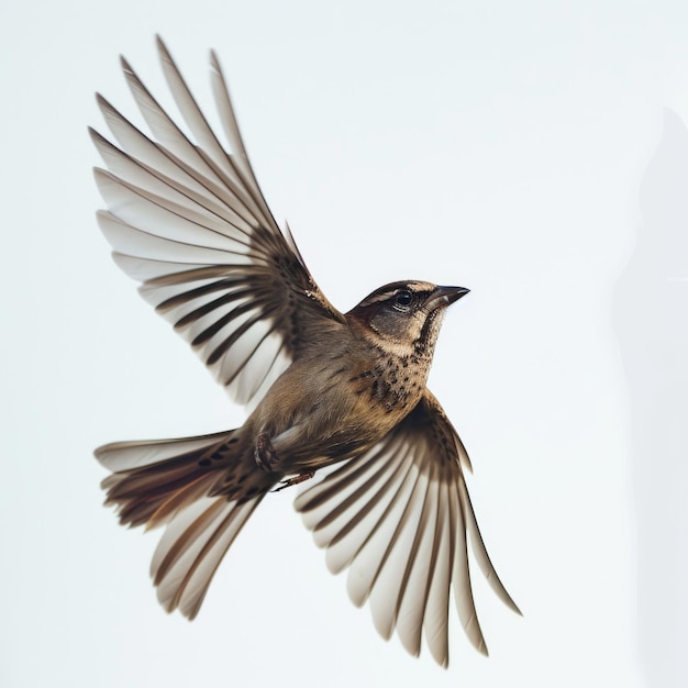 Sparrow in flight with white background