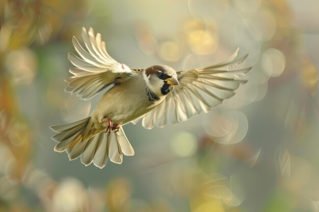 Photo sparrow midflight in a dreamy landscape