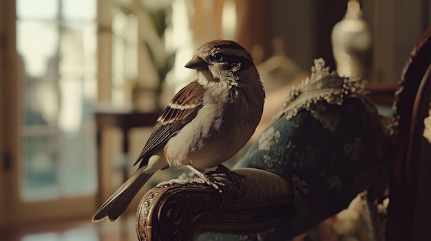 Photo a sparrow perched on a decorative chair indoors