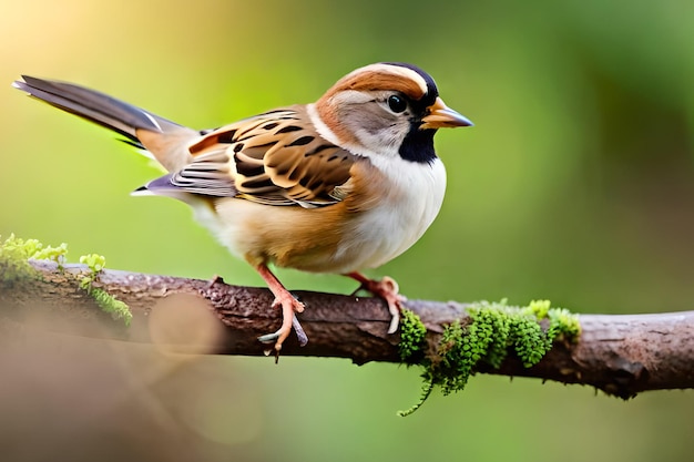 A sparrow sits on a branch with green moss in the background.