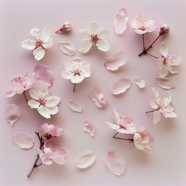 Photo sparse flatlay photo of cherry blossom flowers and petals