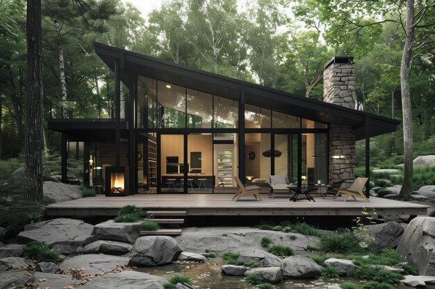 Sparse summer cabin clean lines surrounded by nature tranquil retreat