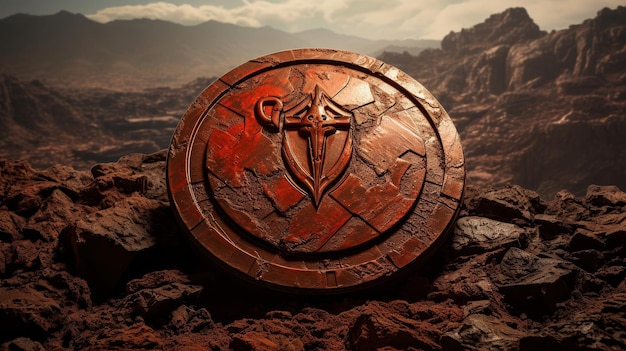 Spartan shield reflects erupting volcano lambda symbol amidst lava landscape