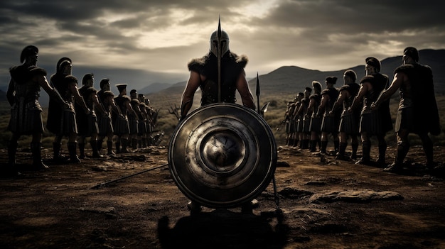 Spartan shieldbearer leads warriors through surreal battlefield lambda shield