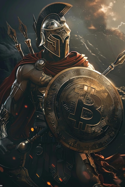 Spartan warrior trading Bitcoin digital market battle intense focus dawn light super detailed