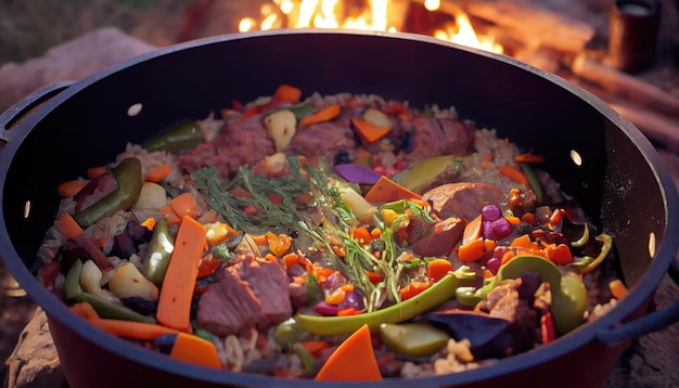 Spatula rice vegetables meat in a castiron cauldron with pork fresh vegetables home Healthy cooking