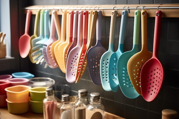 Spatulas and spoons hanging from a steel rack