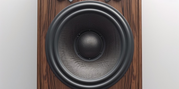 Speaker close up on wooden surface Can be used for technology or music related themes