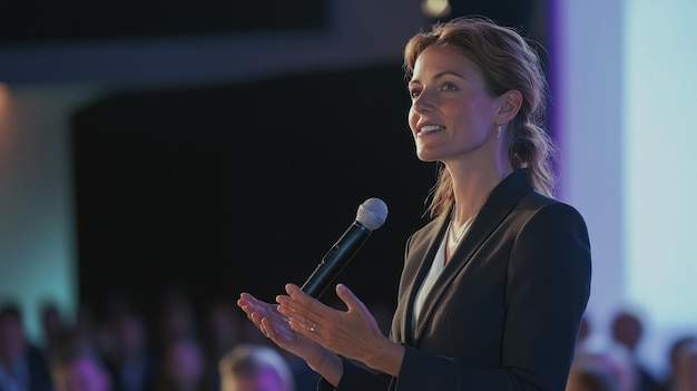 Photo a speaker engages an audience at a conference in a modern venue during a professional event while presenting insightful information