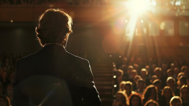 Speaker engages audience with dramatic backlit silhouette at event