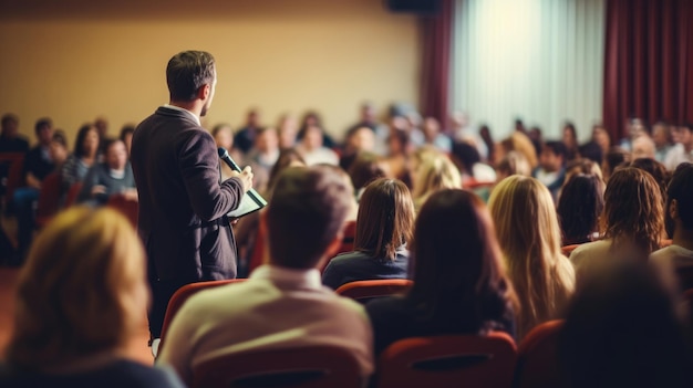 A speaker giving a lecture to an audience in an auditorium or hall A seminar