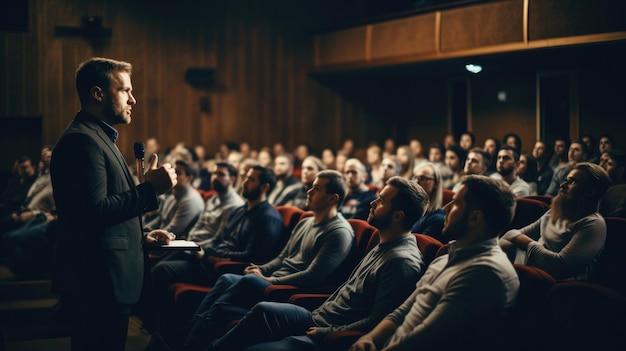 A speaker giving a lecture to an audience in an auditorium or hall A seminar