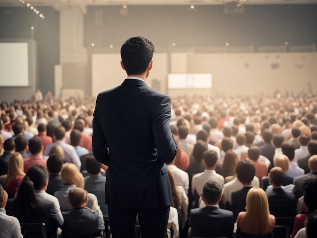 Speaker giving a talk on corporate business conference Unrecognizable people in audience at confere