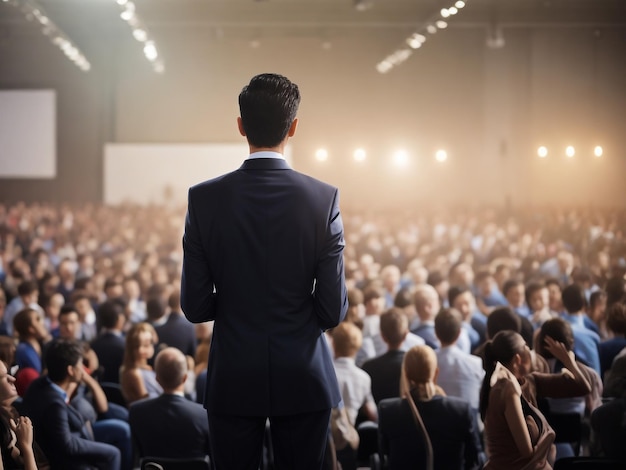 Speaker giving a talk on corporate business conference Unrecognizable people in audience at confere