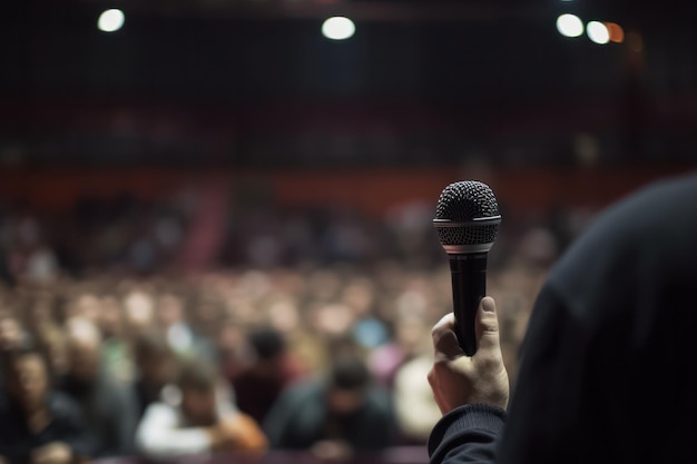 Speaker hand with microphone conference hall with blurred crowd business corporate event