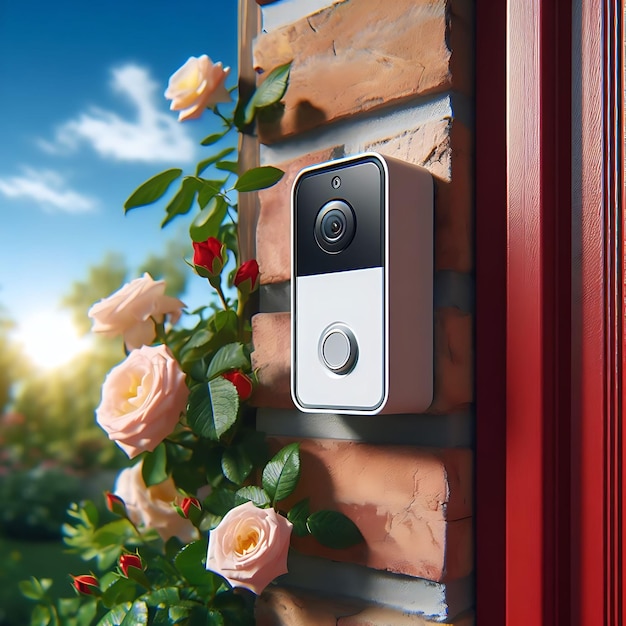 Photo a speaker is on a brick wall with a red door