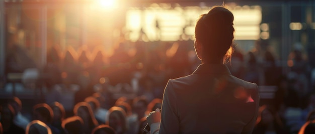 A speaker overlooks an audience at sunset during an event