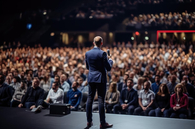 Speaker performing on stage with spotlight talking to many people in audience event professional