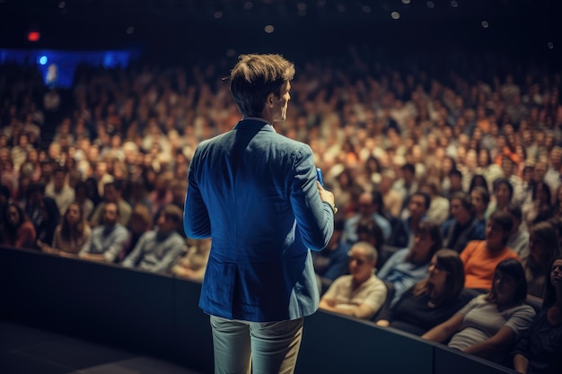 Speaker performing on stage with spotlight talking to many people in audience event professional