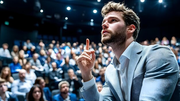 Photo speaker presenting motivational infographics on seminar stage to inspire audience