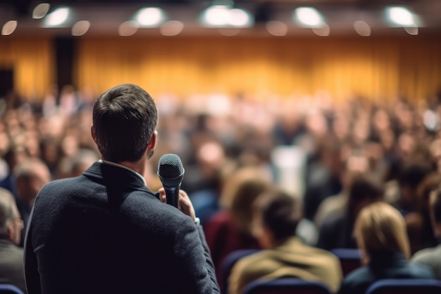 Speaker takes stage at corporate business conference atmosphere of anticipation and inspiration