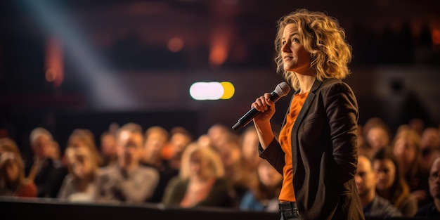 Speaker Woman Performing on Stage and Speaking to Large Audience Event Professional