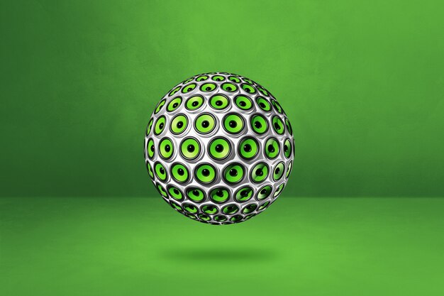 Speakers sphere isolated on a green wall. 3D illustration