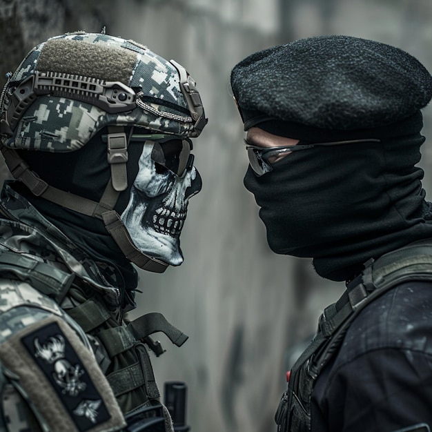 Special forces soldier in a mask with a skull and sunglasses