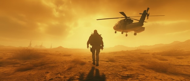 A special forces soldier walks across the battlefield with a helicopter Generative AI