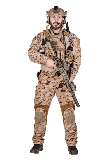 Special forces soldier with rifle on white background army military and people concept