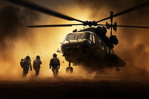 Special forces soldiers in front of a helicopter in the sandy dust