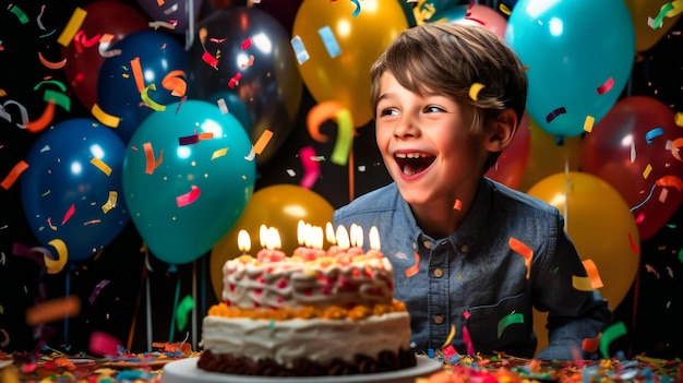 A special image of a birthday celebrant blowing out candles on a cake surrounded by balloons and confetti