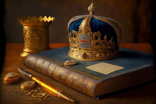 Specialist in ancient manuscripts book and gold crown on table