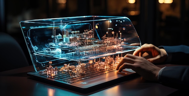 Specialist engineer working on a 3d hologram on his laptop and designing the future network