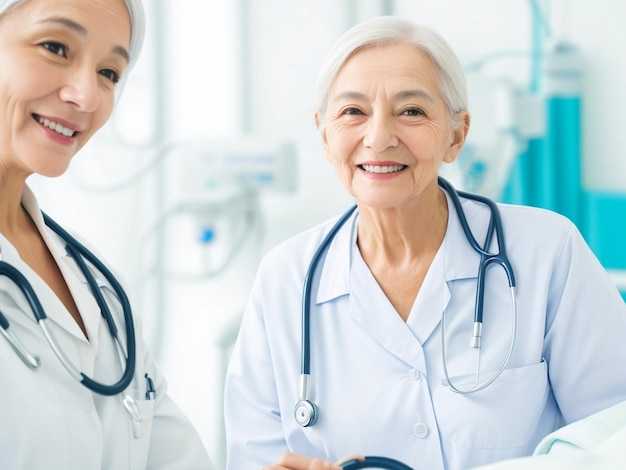 Specialist patient in hospital ward and Smiling beautiful female doctor checking him with