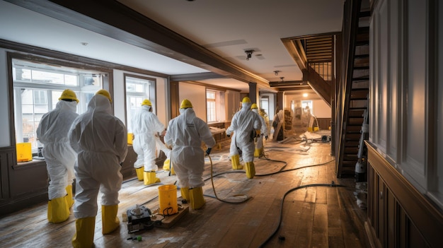 a specialist in a protective suit from a cleaning company cleans a destroyed housing after natural d