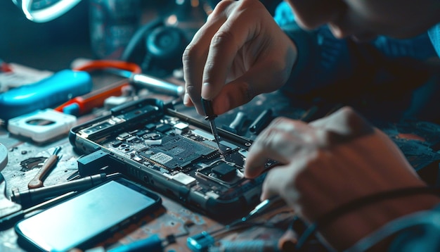 Photo a specialist repairing a smartphone