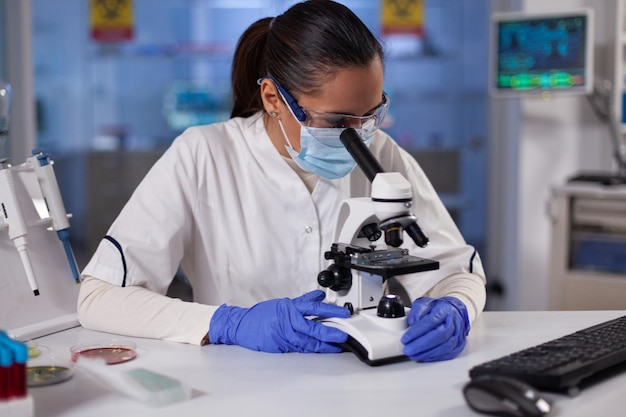 Specialist researcher analyzing genetic sample using medical microscope during biochemical experiment working in hospital laboratory. Woman doctor developing vaccine against coronavirus