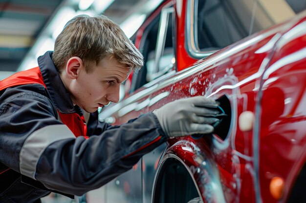 Photo specialized concept car body repair expertly restoring dented fenders to achieve flawless finish