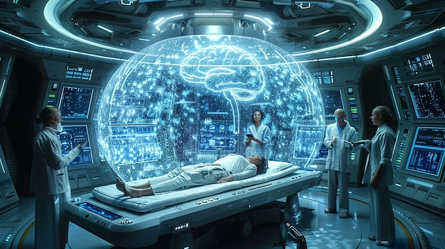 A specialized doctor monitoring and researching a brain by modern futuristic medical technology