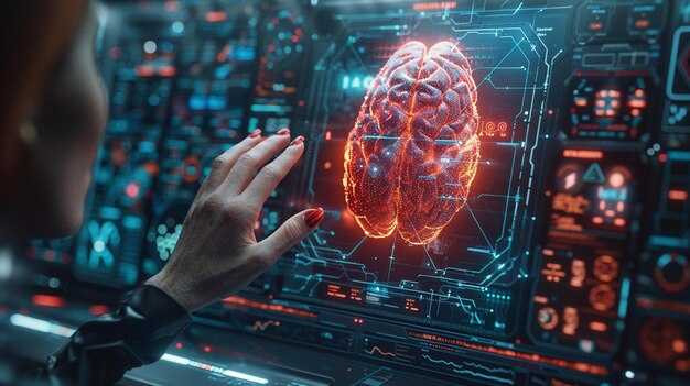 A specialized doctor monitoring and researching a brain by modern futuristic medical technology