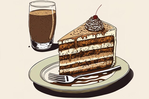 A specialty coffee drink and a slice of Tiramisu dessert from a cafe