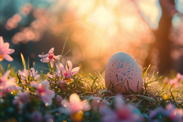 A speckled Easter egg rests in grass amidst pink flowers as the setting sun bathes it in warm light