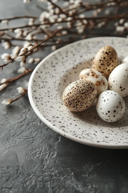 Photo speckled quail eggs on a stone plate with cherry blossoms in springtime