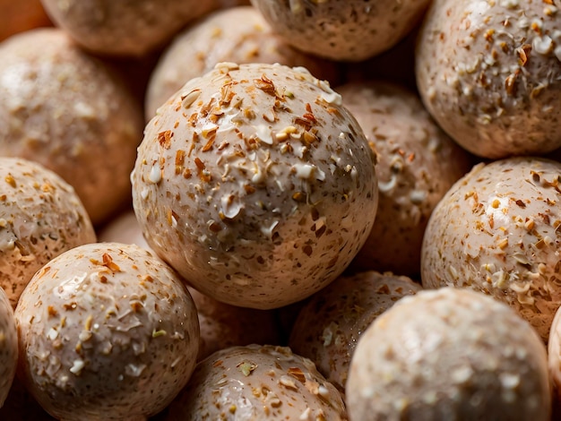 the speckled surface of a malted milk ball with its crunchy exterior