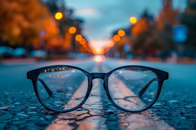 Spectacles on Empty Street at Sunset Urban Perspective Reflections and Bokeh Lights for Artistic and Design Use