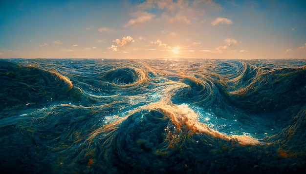 Spectacular abstract scene of an ocean tidal wave Digital art 3D illustration