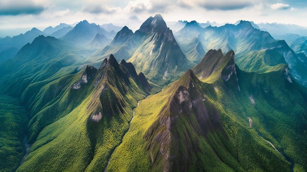 A spectacular aerial view of a magnificent mountain range revealing the breathtaking beauty and grandeur of nature